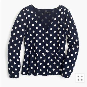 J.Crew Navy White V-Neck Polka Dot Blouse 6